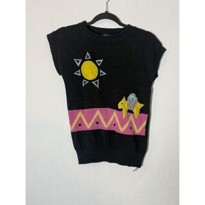 Vintage Oak Bluff Sweater Vest Womens Small Black Sun Horse Graphic Knit 80s